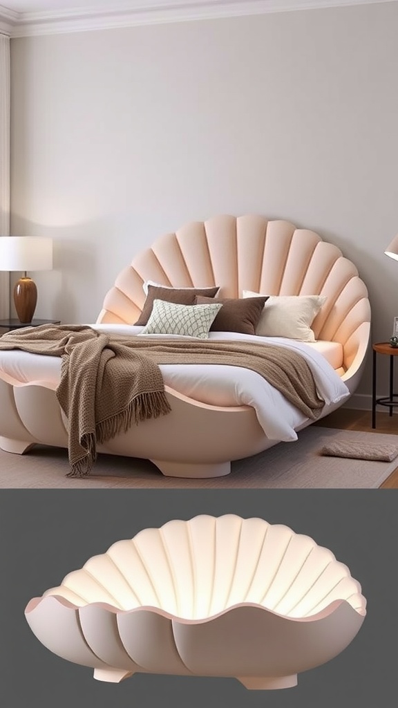 Clam shell inspired bed frame in a stylish bedroom with soft upholstery and serene decor.